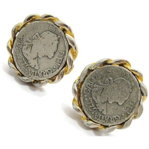 Round Cufflinks Gold Tone Trimed Dei Gratia Carolus III Faux 1779 Spanish Coin - Picture 1 of 8